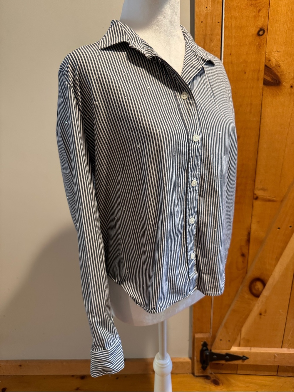 J.Crew Tailored Navy and Blue Stripe Rhinestone Dot Buttondown Blouse, S